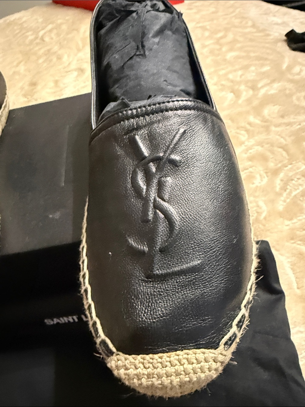 Saint Laurent Black Leather Espadrille Slip-Ons with Jute Trim - Picture 2 of 6